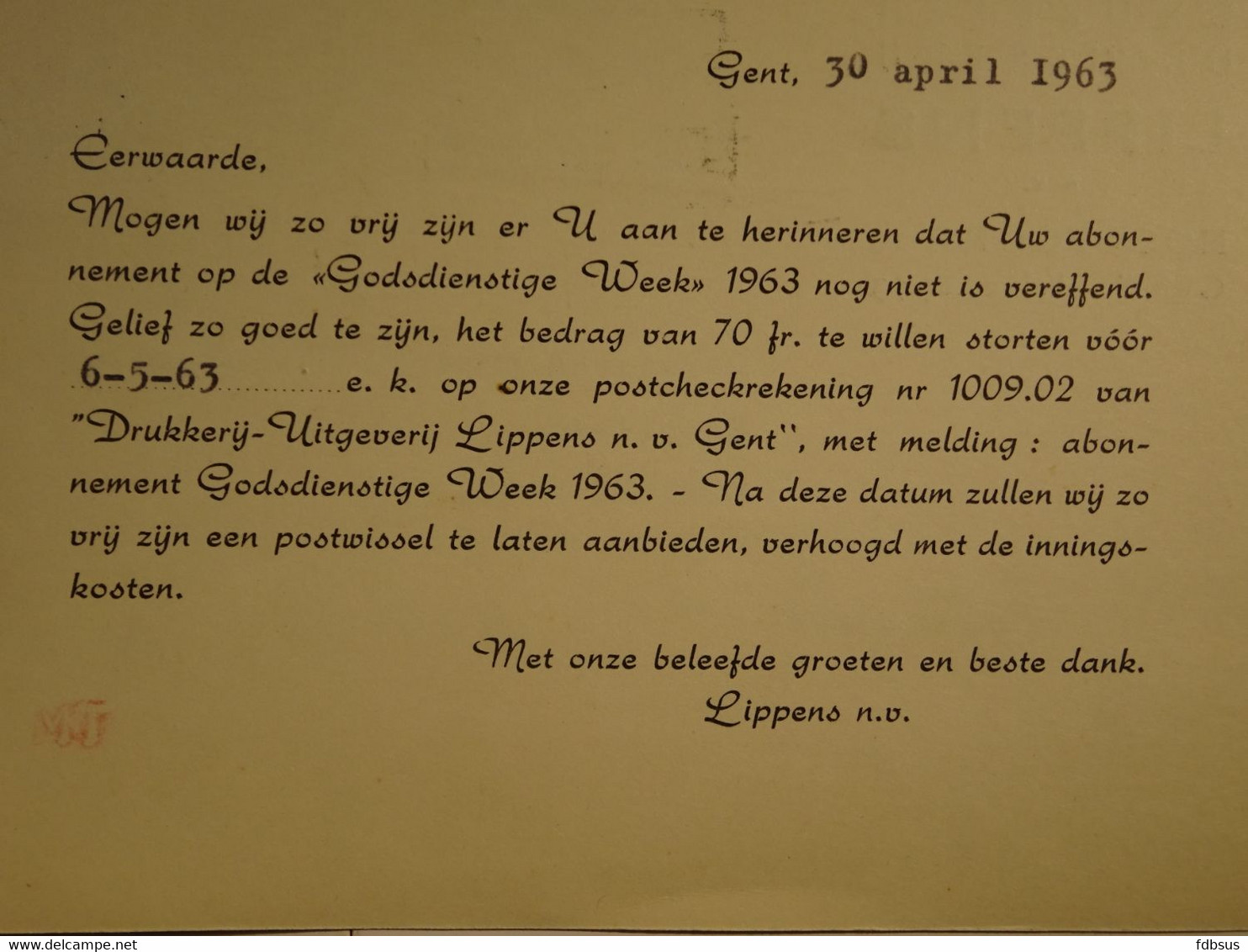 1963 Kaart Van LIPPENS NV Drukkerij Uitgeverij Gent  Naar Beveren Waas - Gefr. 40c -  Zie Scan (s) Voor Zegels, Stempels - 1977-1985 Figure On Lion