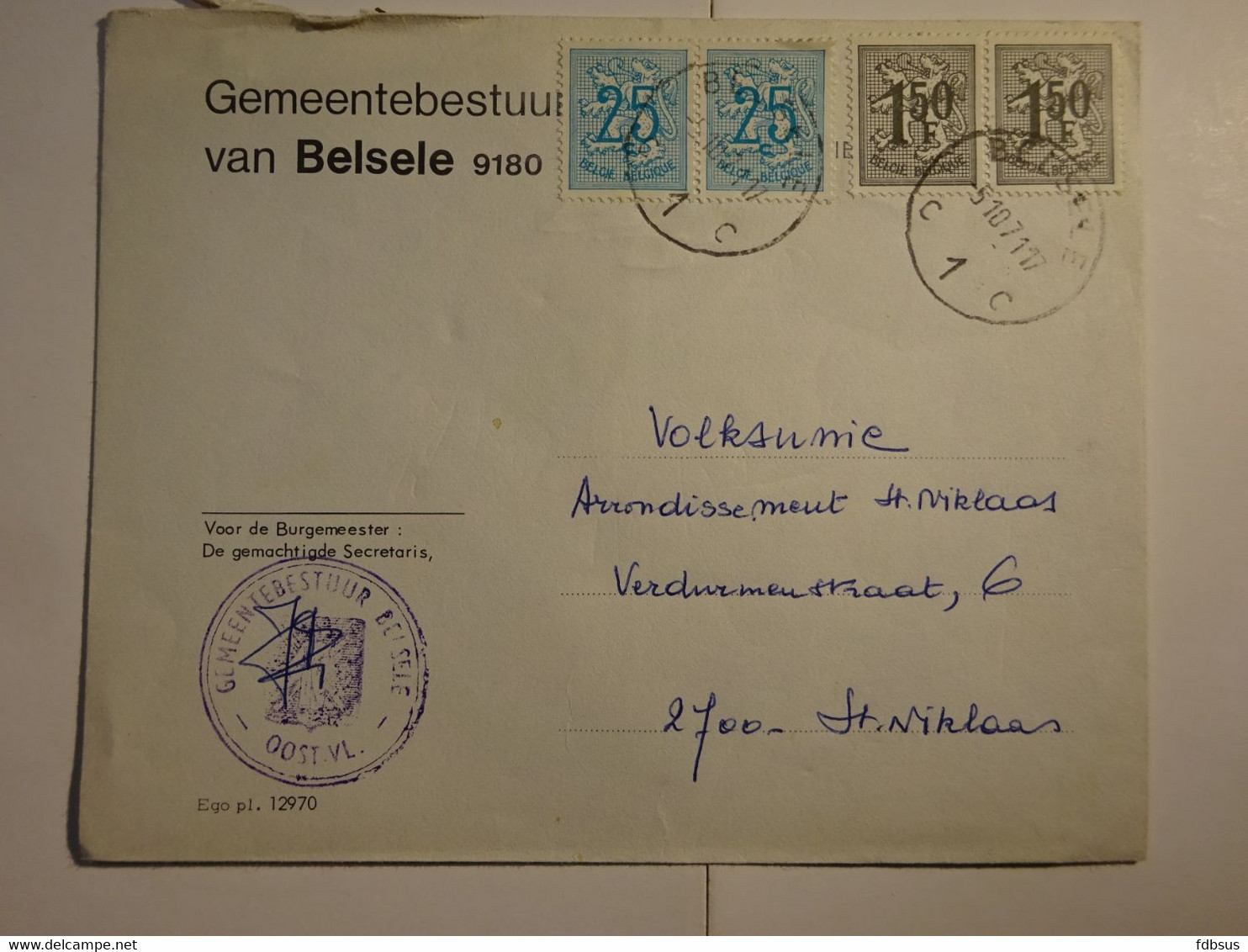 1971 Enveloppe Gemeentebestuur 9180 BELSELE Gefr. 2 X 25c + 2 X 1.50Fr - Zie Scan (s) Voor Zegels, Stempels En Andere - 1977-1985 Zahl Auf Löwe (Chiffre Sur Lion)