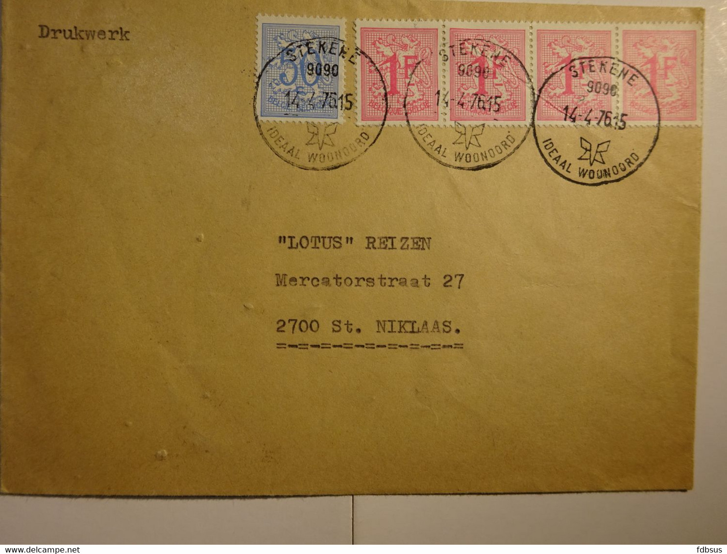 1976 Enveloppe Uit 9090 STEKENE Naar St Niklaas - Gefr. 4 X 1Fr + 50c - Zie Scan (s) Voor Zegels, Stempels En Andere - 1977-1985 Cijfer Op De Leeuw