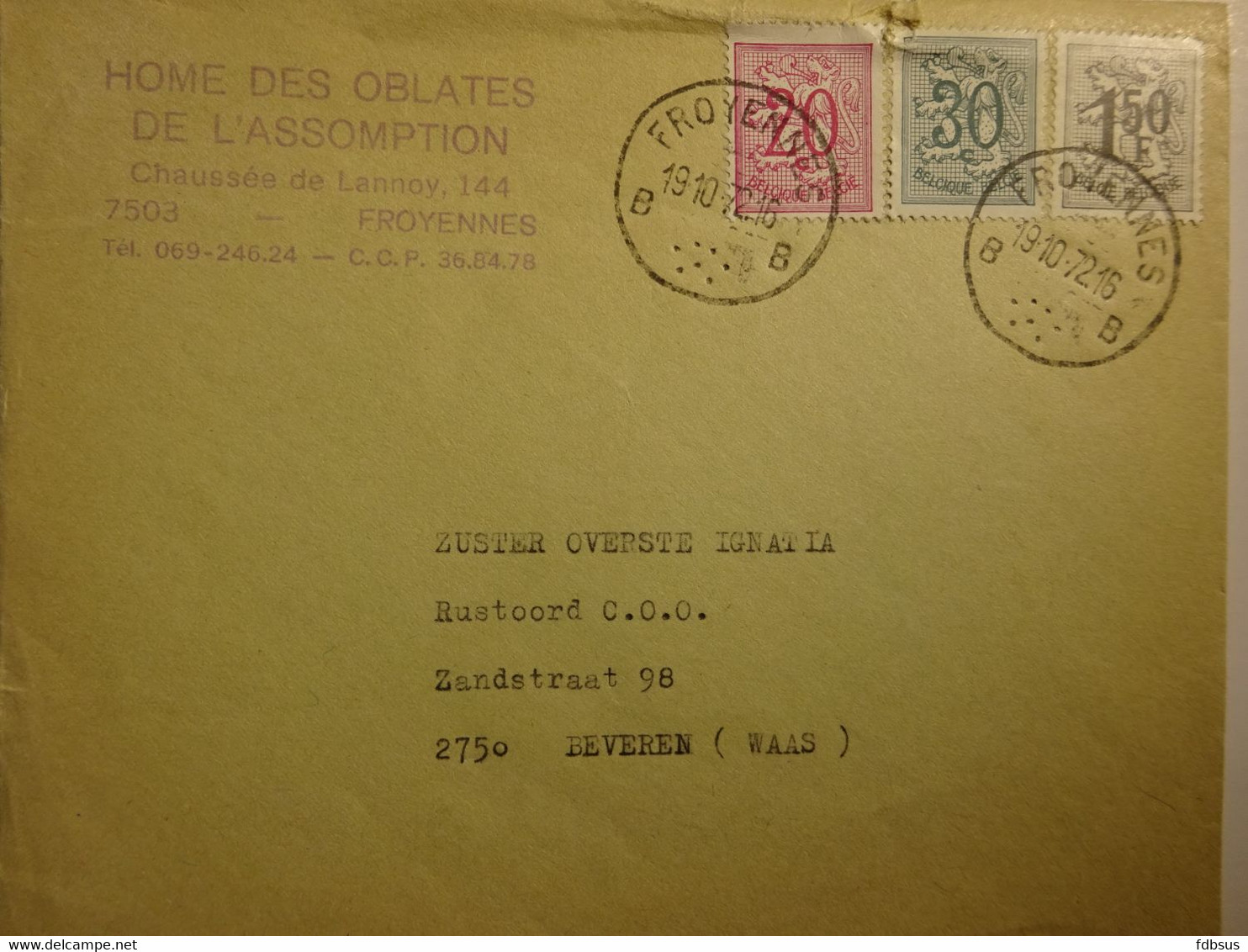 1972 Enveloppe Van 7503 FROYENNES B...B Home Des Oblates - Gefr. 20c + 30c + 1.50 Fr - Zie Scan (s) Voor Zegels, Stempel - 1977-1985 Figure On Lion