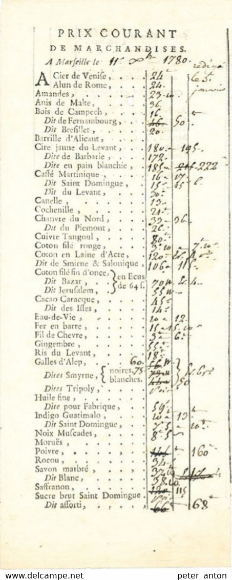 Prix Courants Marchandises 11 Octobre1780 , Marseille, En Provenance De Différentes Origines - ... - 1799