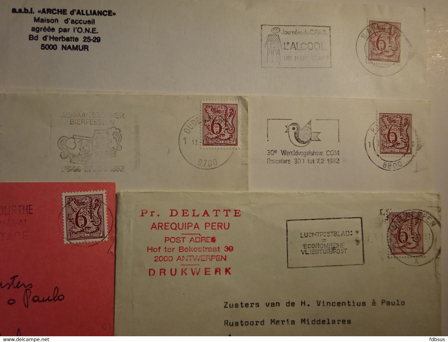 5 Enveloppen Gefr. 6Fr - Daklozen Liège - Delatte Arequipe Peru - Arche D'Alliance - Zie Scan (s) Voor Zegels, Stempels - 1977-1985 Zahl Auf Löwe (Chiffre Sur Lion)