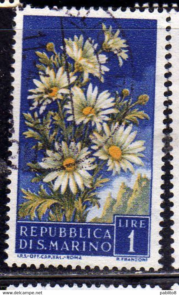 SAN MARINO 1957 FIORI II 2 EMISSIONE MARGHERITA FIORE FLOWERS DAISY FLOWER 2TH ISSUE LIRE 1 LIRA USATO USED OBLITERE' - Usati