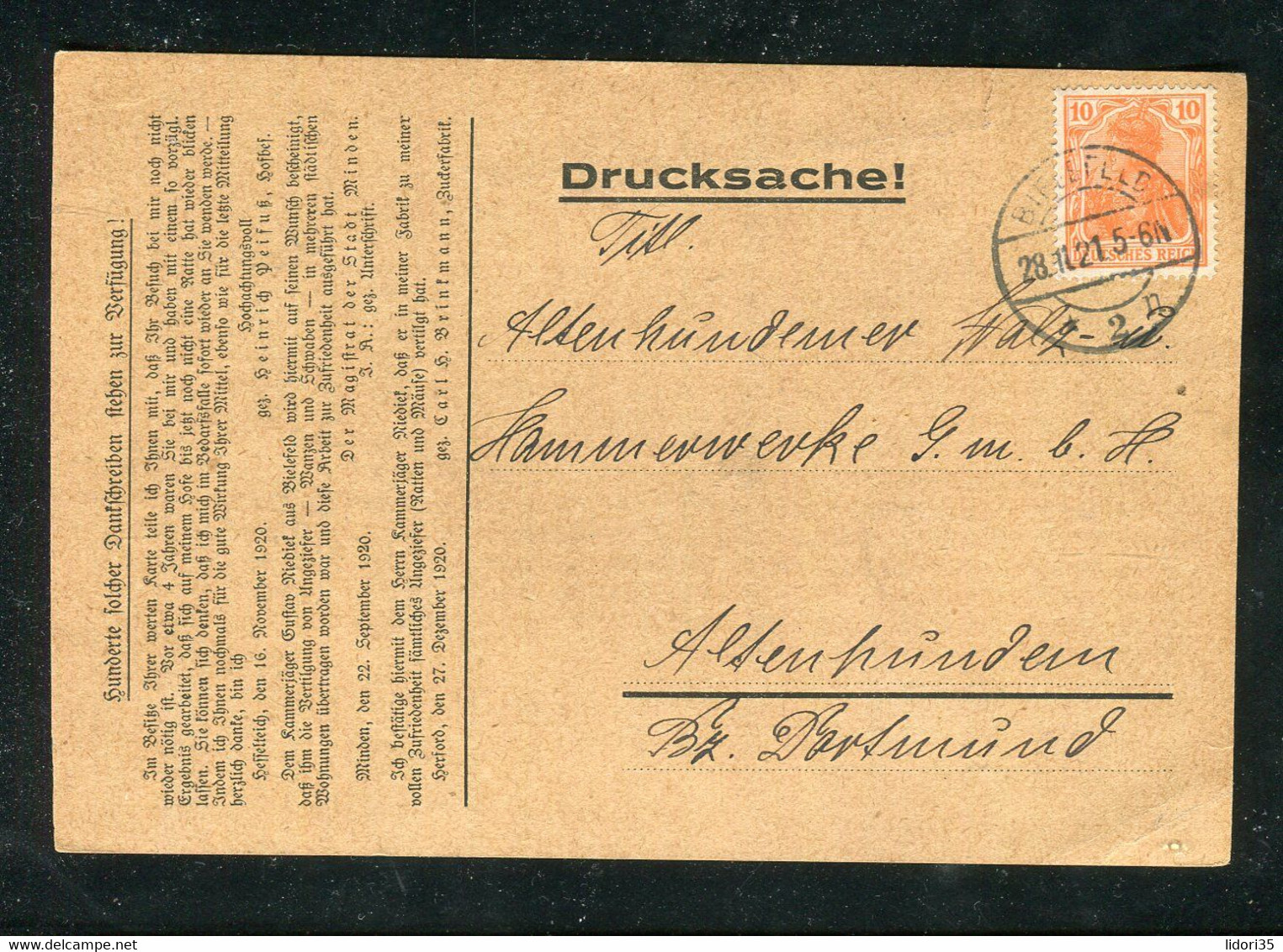 Deutsches Reich / 1921 / Drucksachenkarte Ex Bielefeld, Firmenzudruck "Ungeziefer-Vernichtungsmittel" / € 1.70 (NG82) - Brieven En Documenten