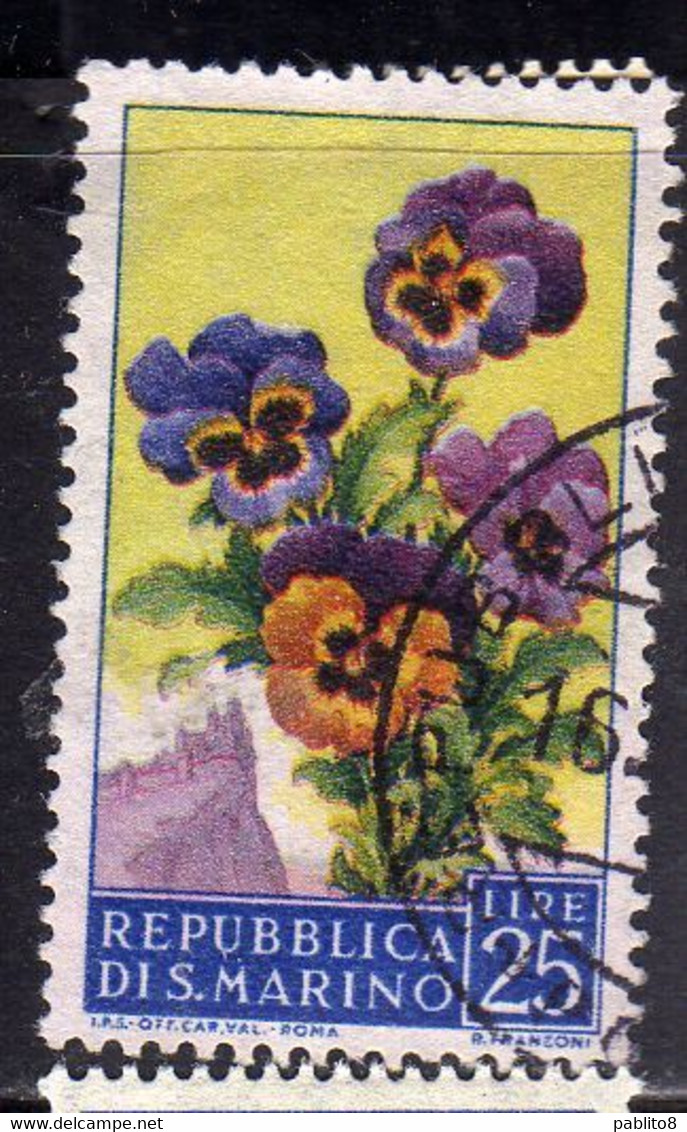 SAN MARINO 1957 FLORA FIORI II 2 EMISSIONE VIOLE FIORE FLOWERS  FLOWER 2TH ISSUE LIRE 25 USATO USED OBLITERE' - Usati