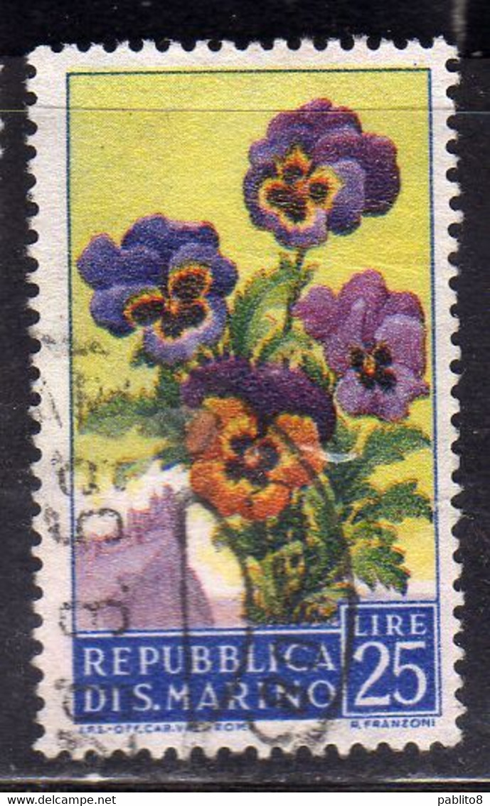 SAN MARINO 1957 FLORA FIORI II 2 EMISSIONE VIOLE FIORE FLOWERS  FLOWER 2TH ISSUE LIRE 25 USATO USED OBLITERE' - Usati