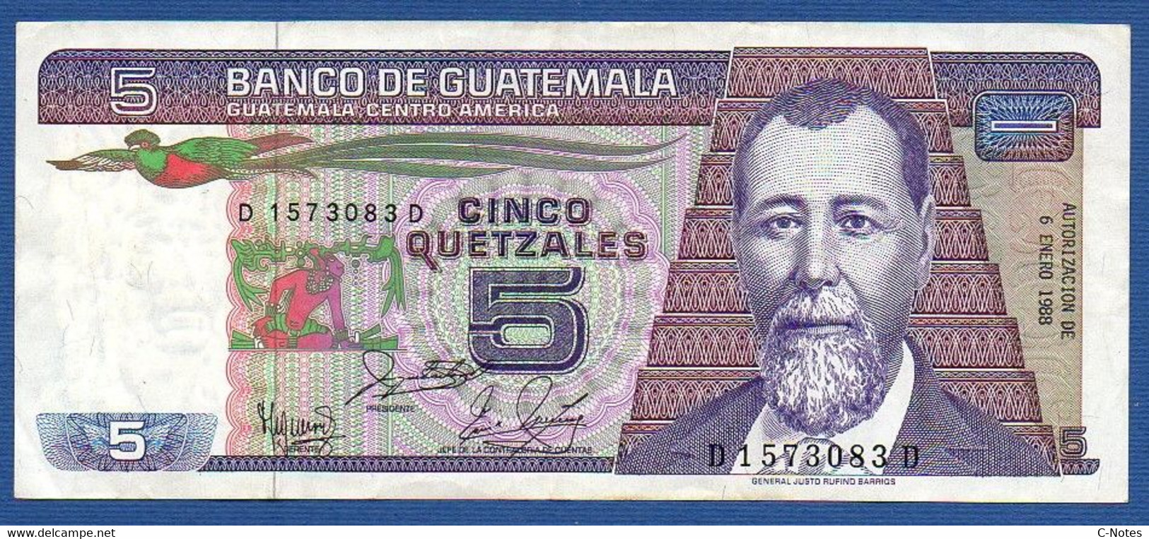 GUATEMALA - P. 67 – 5 Quetzales 06.01.1988 Circulated, Serie D1573083D, Printer Giesecke & Devrient, Munich - Guatemala