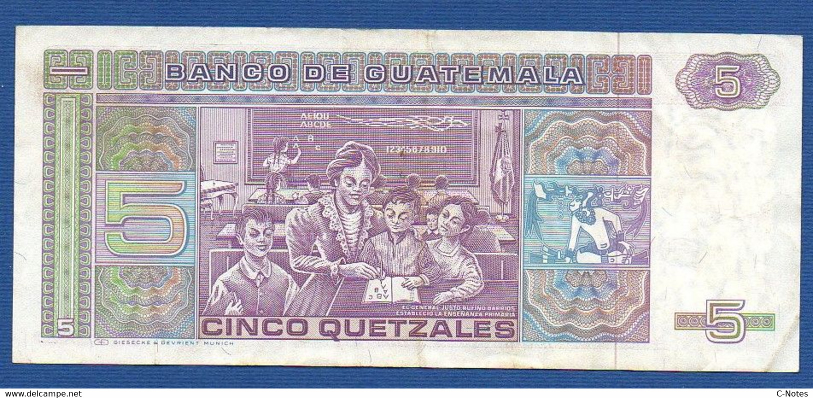 GUATEMALA - P. 67 – 5 Quetzales 06.01.1988 Circulated, Serie D1573083D, Printer Giesecke & Devrient, Munich - Guatemala