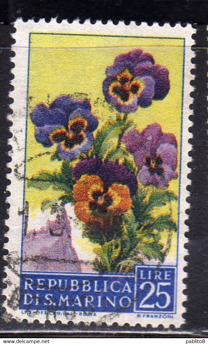 SAN MARINO 1957 FLORA FIORI II 2 EMISSIONE VIOLE FIORE FLOWERS  FLOWER 2TH ISSUE LIRE 25 USATO USED OBLITERE' - Usati