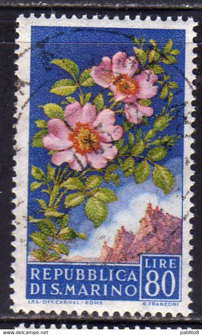 SAN MARINO 1957 FLORA FIORI II 2 EMISSIONE ROSE DI MACCHIA FIORE FLOWERS  FLOWER 2TH ISSUE LIRE 80 USATO USED OBLITERE' - Usati