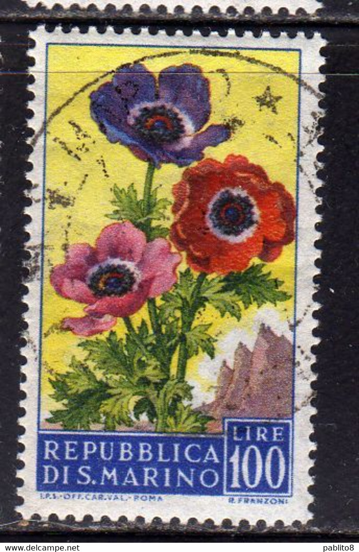 SAN MARINO 1957 FLORA FIORI II 2 EMISSIONE ANEMONE FIORE FLOWERS  FLOWER 2TH ISSUE LIRE 100  USATO USED OBLITERE' - Usati