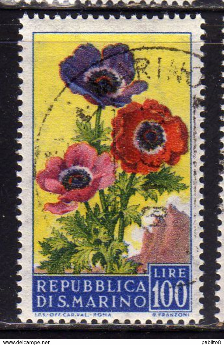 SAN MARINO 1957 FLORA FIORI II 2 EMISSIONE ANEMONE FIORE FLOWERS  FLOWER 2TH ISSUE LIRE 100  USATO USED OBLITERE' - Usati