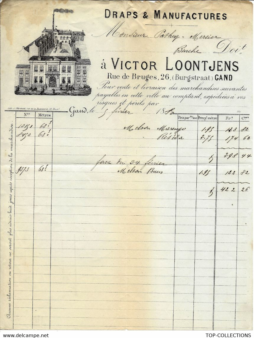 RARE ENTETE DRAPS MANUFACTURES VICTOR LOONTJENS GAND 1880 T.B.E. VOIR SCANS - 1800 – 1899