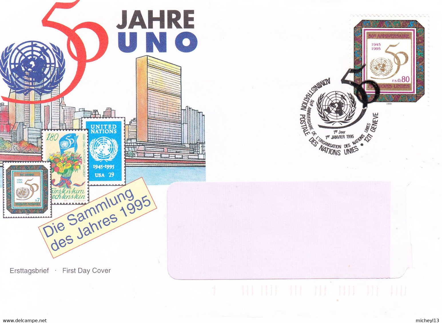Nations Unies-Genève-1/1/1995-50è Anniversaire Des Nations Unies-premier Jour Timbre 281 - Lettres & Documents