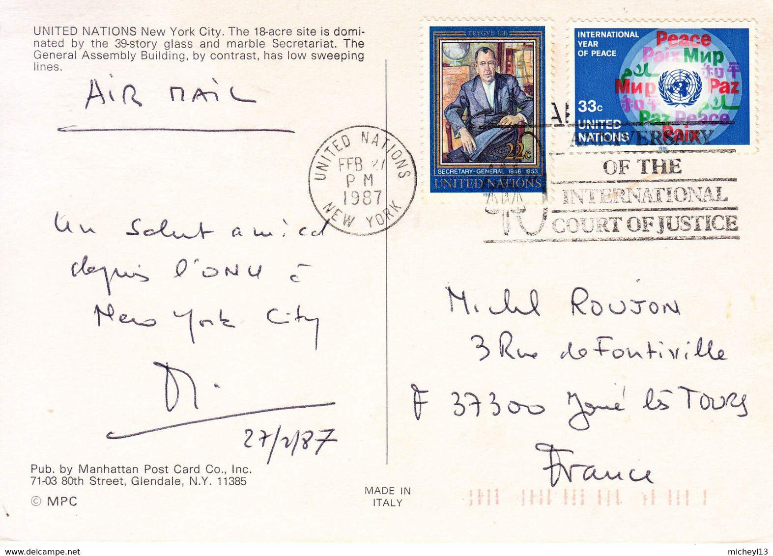 Nations Unies-New-York-27/2/1987-anniversaire De La Cour Internationale De Justice-timbes 487 Et 466 - Storia Postale