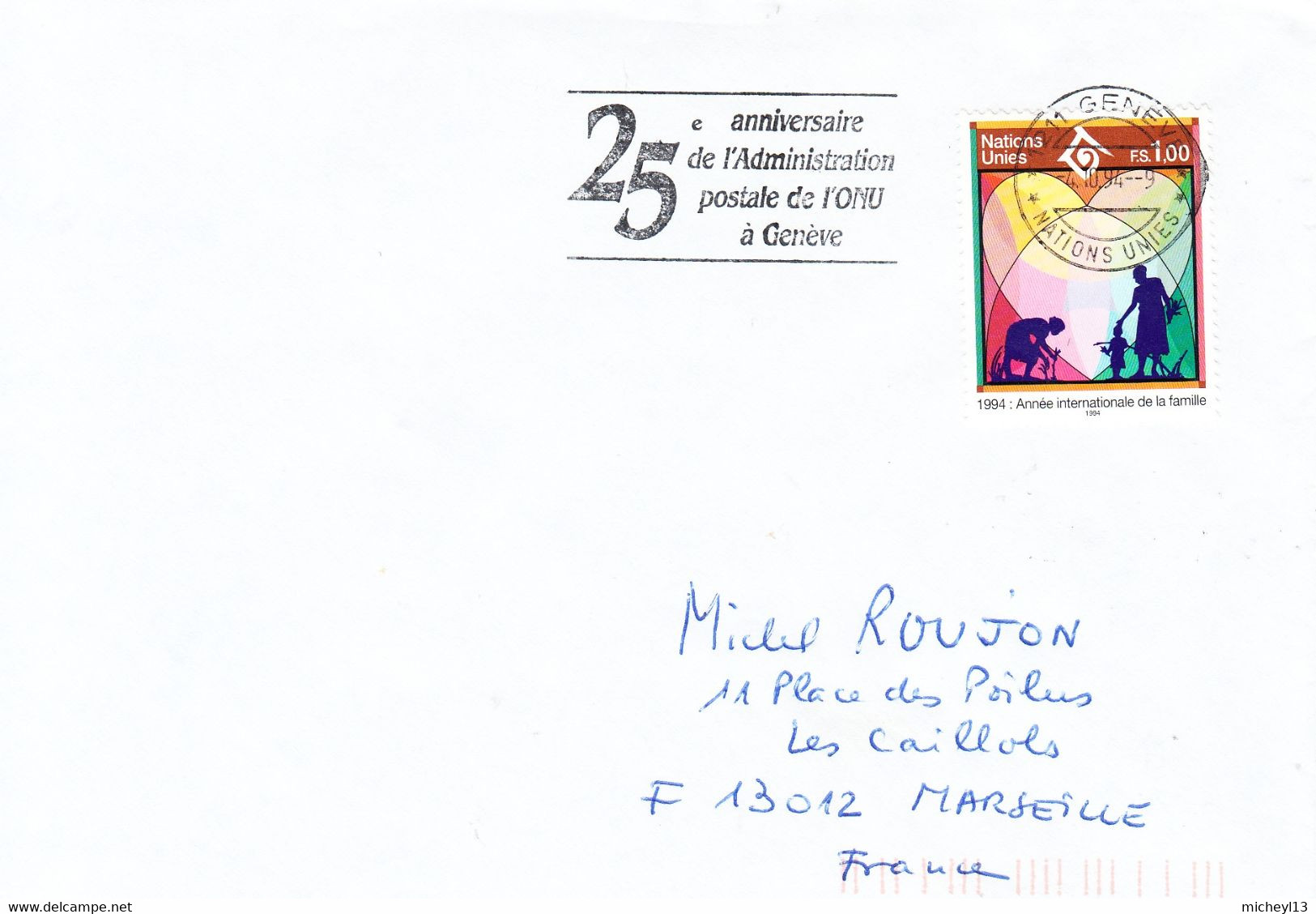 Nations Unies-Genève-4/10/1994-25è Anniversaire  De L'administration Postale à Genève-timbre 264 - Cartas & Documentos