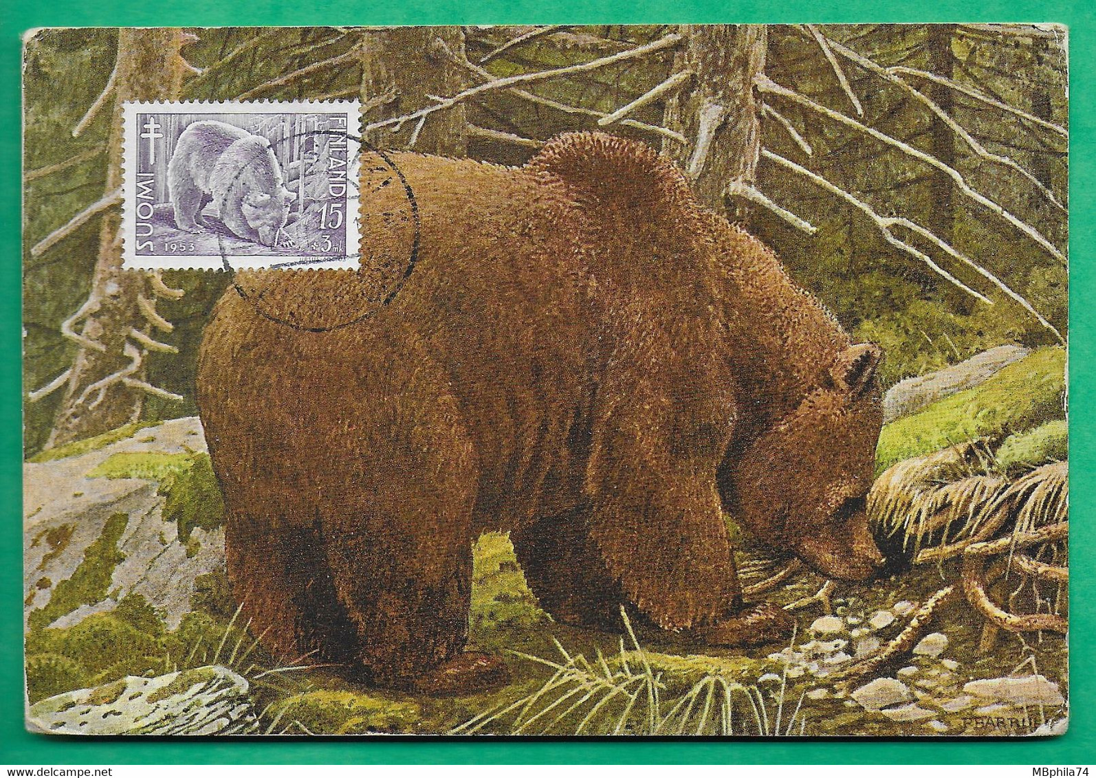 CARTE MAXIMUM MAX CARD OURS BEAR FINLANDE FINLAND SUOMI 15+3 MK 1953 - Cartes-maximum (CM)