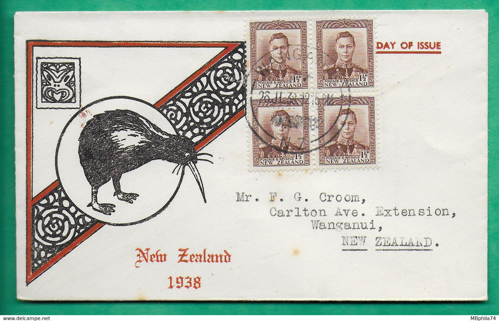 DAY OF ISSUE GEORGE VI STAMPS 1.5P BROWN 4 BLOCK ILLUSTRATED COVER BIRD KIWI NEW ZELAND 1938 - Covers & Documents