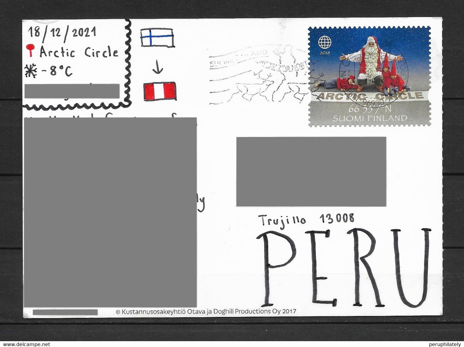 Finland Card Arctic Circle , Noel , North Pole Cancellation Send To Peru - Gebruikt