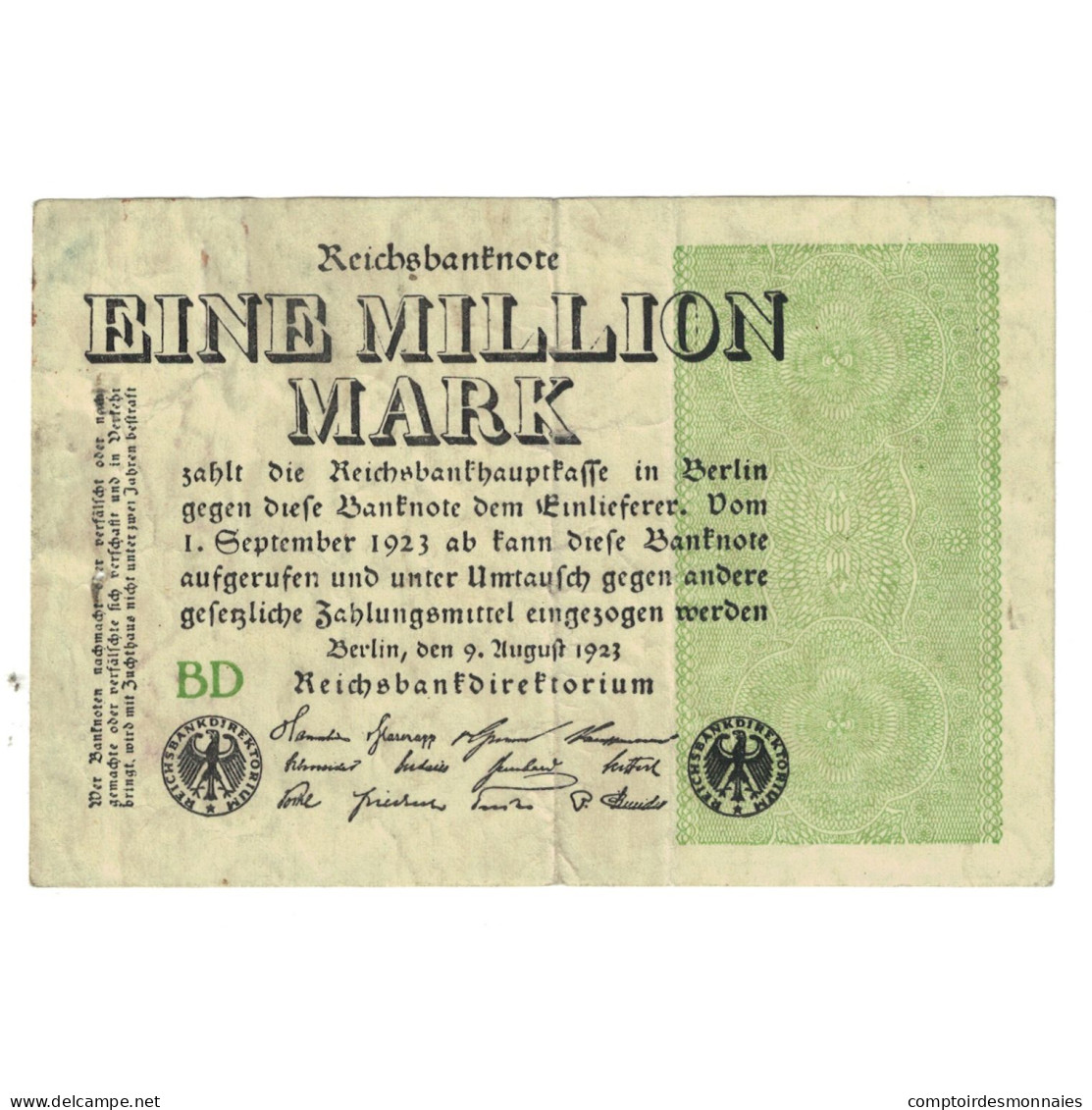 Billet, Allemagne, 1 Million Mark, 1923, 1923-08-09, KM:102d, TTB - 1 Million Mark