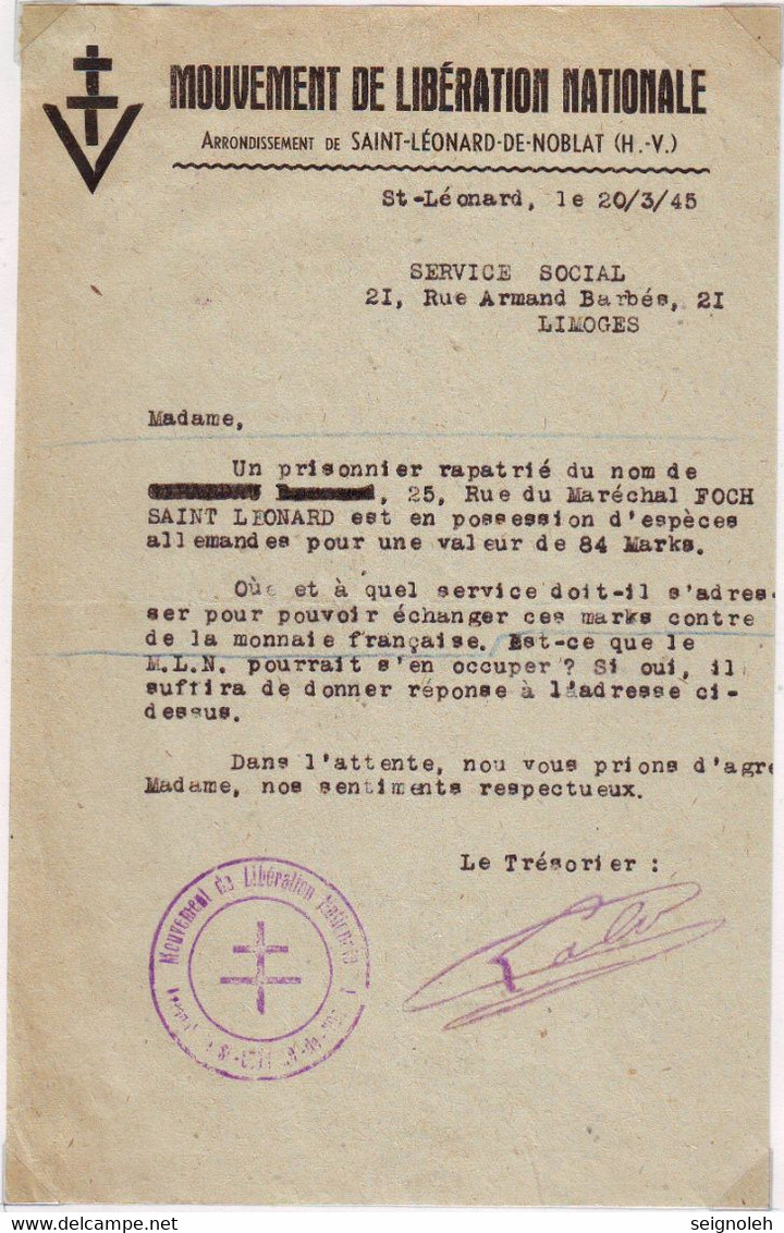 Cachet MOUVEMENT DE LIBERATION NATIONALE , St LEONARD DE NOBLAT Haute Vienne Lettre 20 Mars 1945 - 1921-1960: Période Moderne