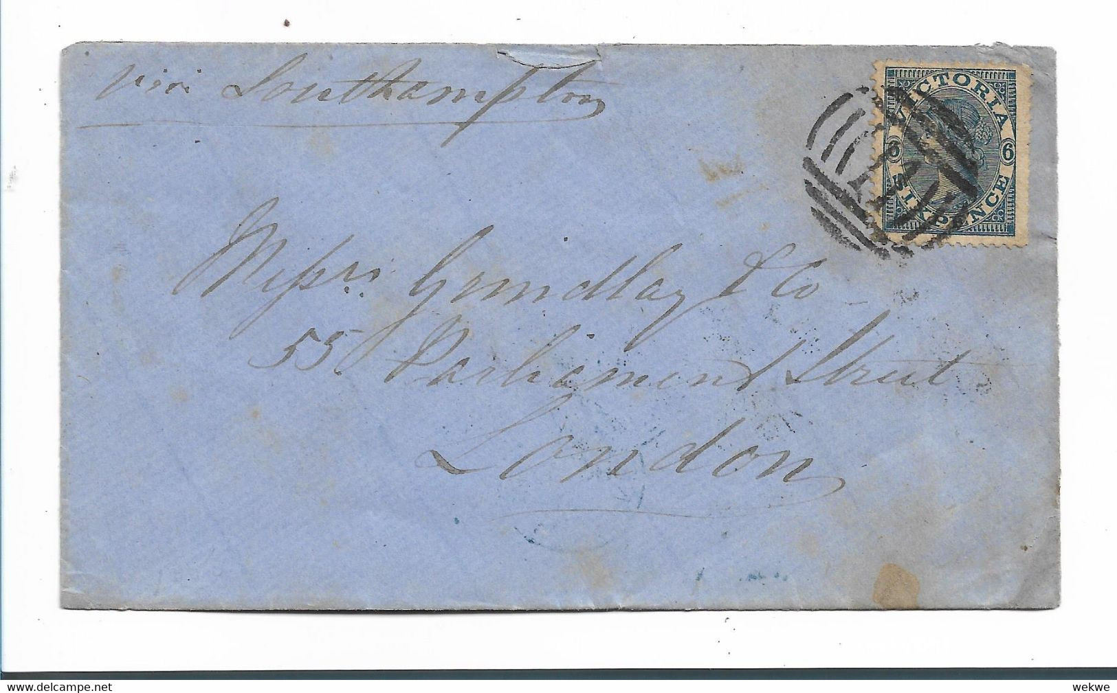 Vic175 / AUSTRALIEN- VICTORIA  - 6 Pence Einzelfrankatur Williamstown Via Melbourne Nach London 1866 - Brieven En Documenten