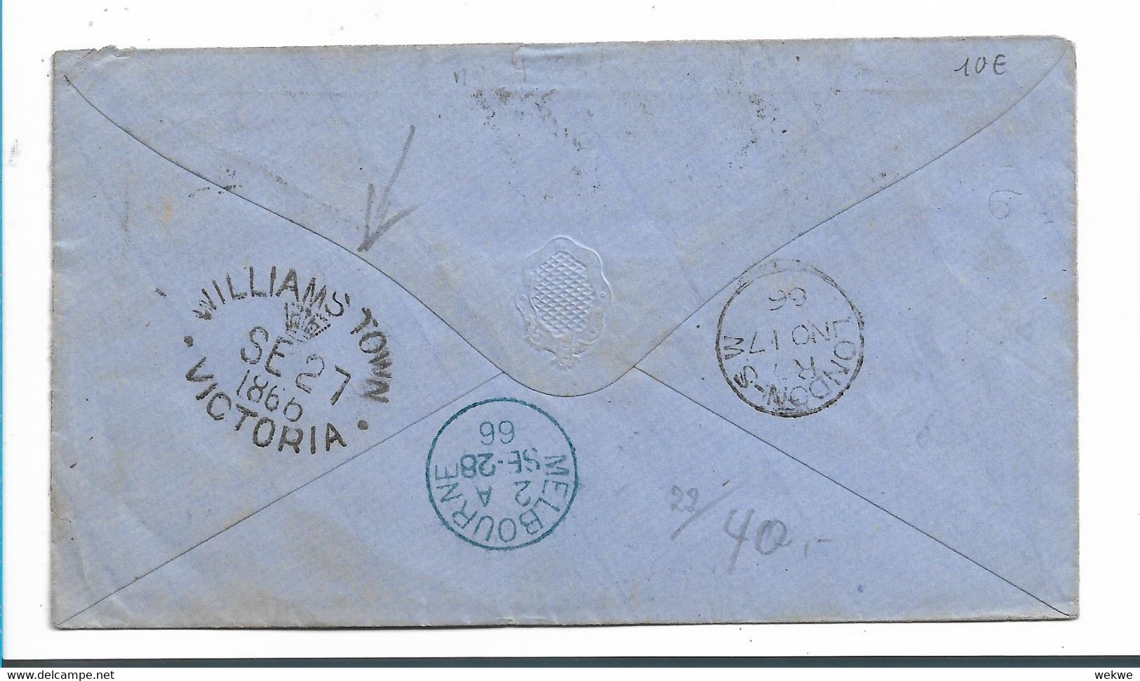 Vic175 / AUSTRALIEN- VICTORIA  - 6 Pence Einzelfrankatur Williamstown Via Melbourne Nach London 1866 - Lettres & Documents