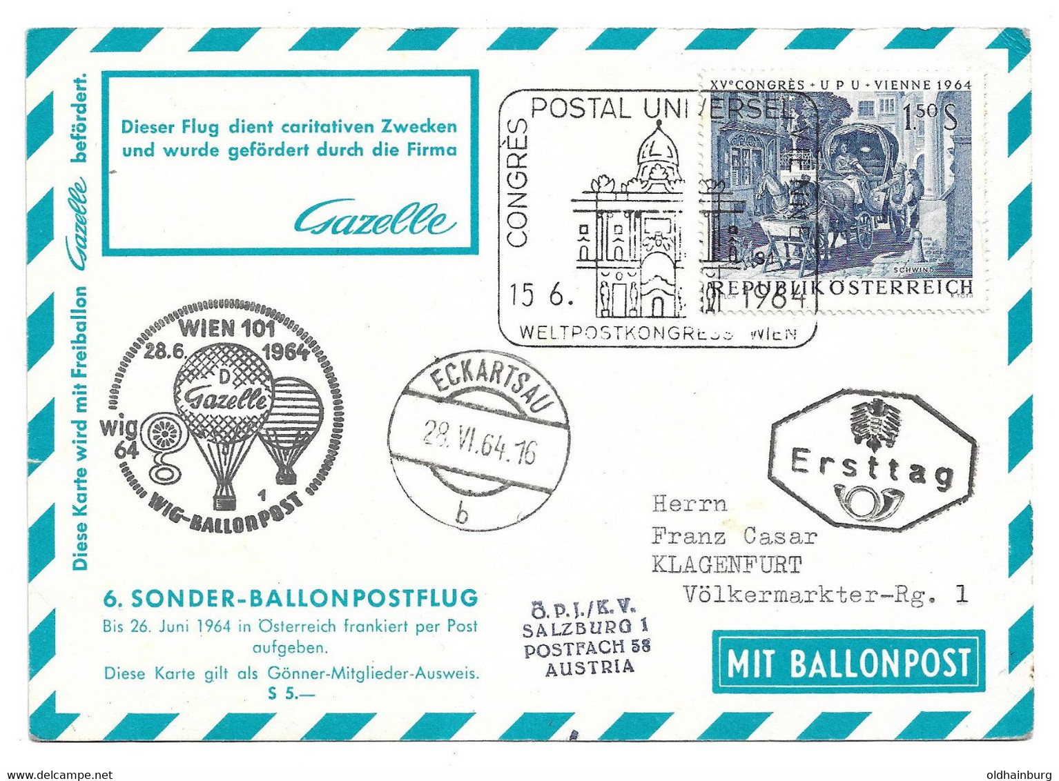 2011e: Heimatbeleg Ballonpost- Spendenbeleg Ballon Gazelle, Eckartsau 28.VI.1964 - Gänserndorf