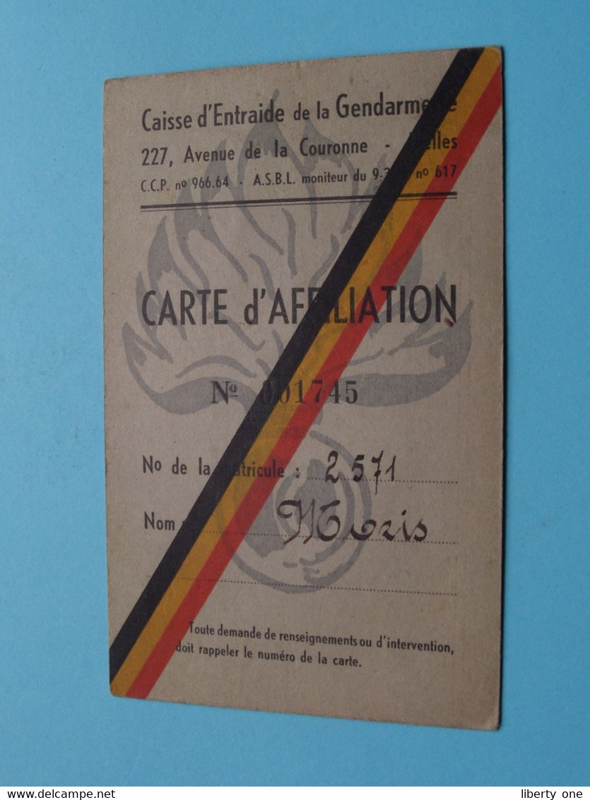 Caisee D'Entraide De La GENDARMERIE - Carte D'Affiliation ( Zie / Voir Photo ) ! - Dokumente