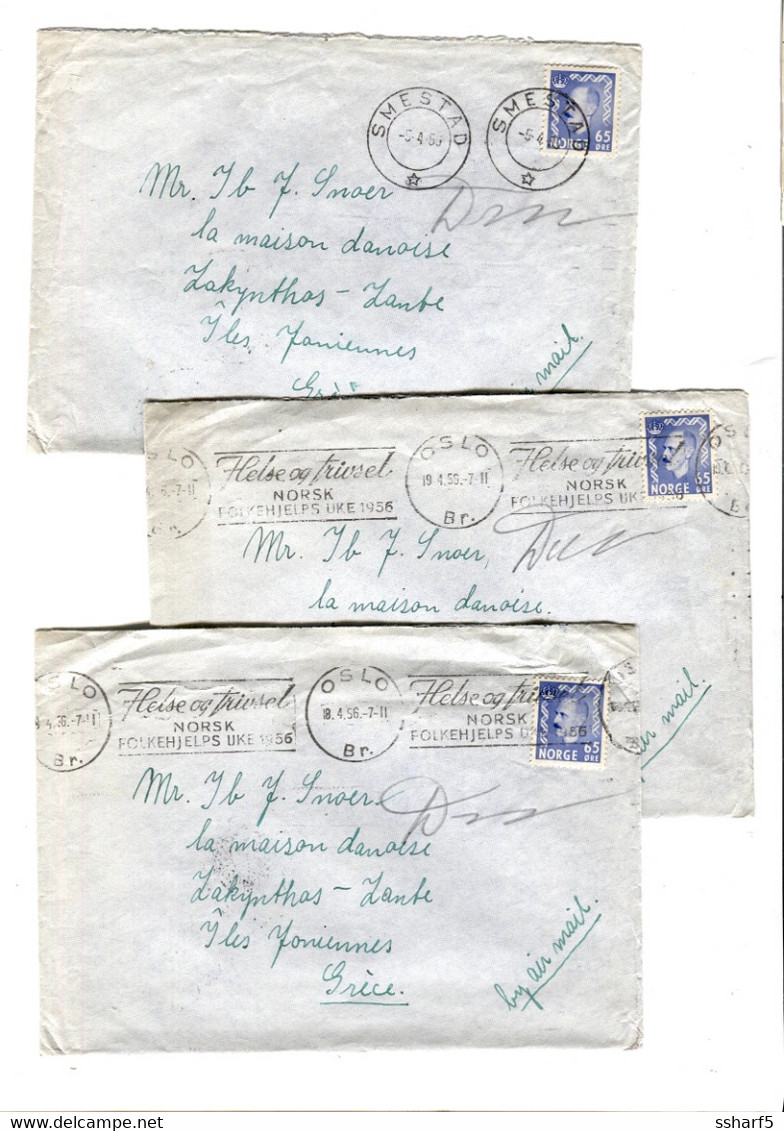 3 Covers 65 ø Solo To Greece Postmarks SMEDAL + Norsk Folkehjelps Uke 1956 - Covers & Documents