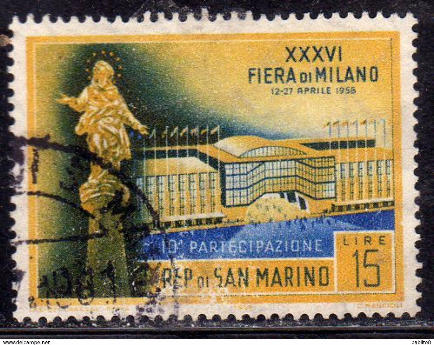 REPUBBLICA DI SAN MARINO 1958 FIERA DI MILANO FAIR LIRE 15 USATO USED OBLITERE' - Usati