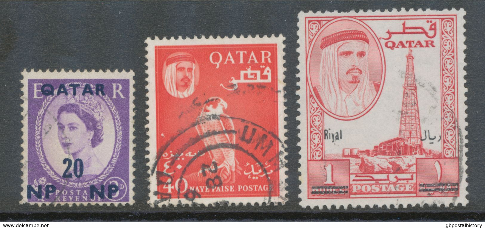 QATAR 1957/66 3 Different Superb Used Stamps As Well Peregrine Falcon And Rare Provisory Issue 1 R. On 1 R. Derrick (LP) - Qatar