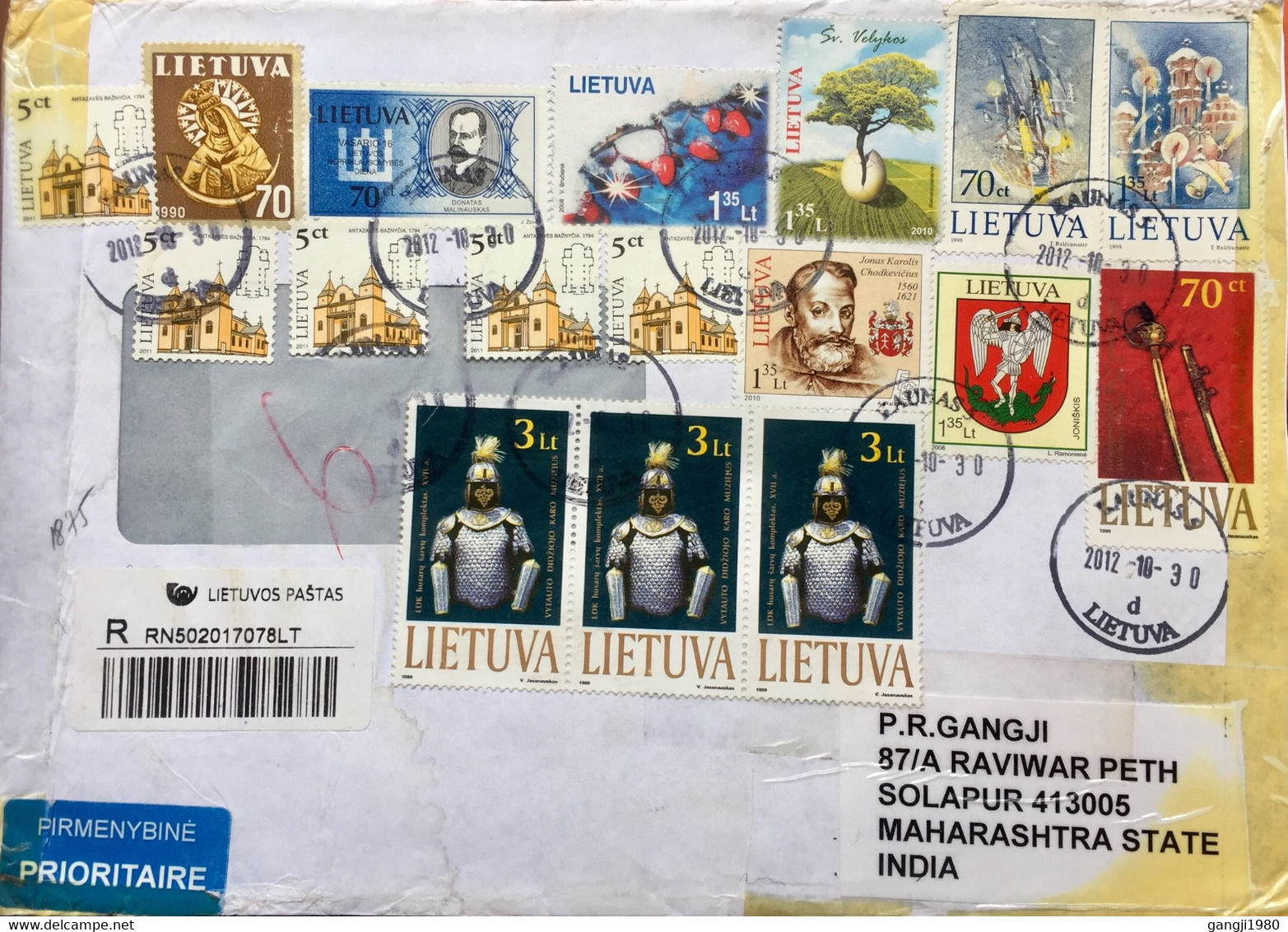 LITHUANIA 2012, REGISTERED AIRMAIL COVER TO INDIA,17 STAMPS USED !! NATURE ,TREE,FLYING WORRIER ,ARCHITECTURE,BUILDING - Lettres & Documents