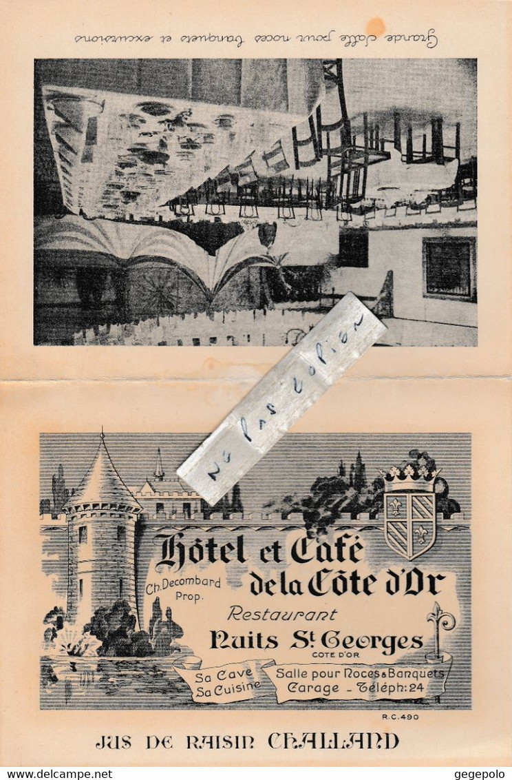 NUITS SAINT GEORGES - Hôtel Et Café De La Côte D'Or , Chez Decombard    ( Carte Double )  Rare - Nuits Saint Georges