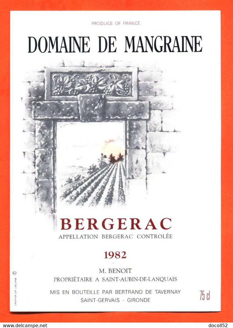 Etiquette Neuve De Vin De Bergerac Domaine De Mangraine 1982 M Benoit à Saint Aubin De Lanquais - 75 Cl - Bergerac