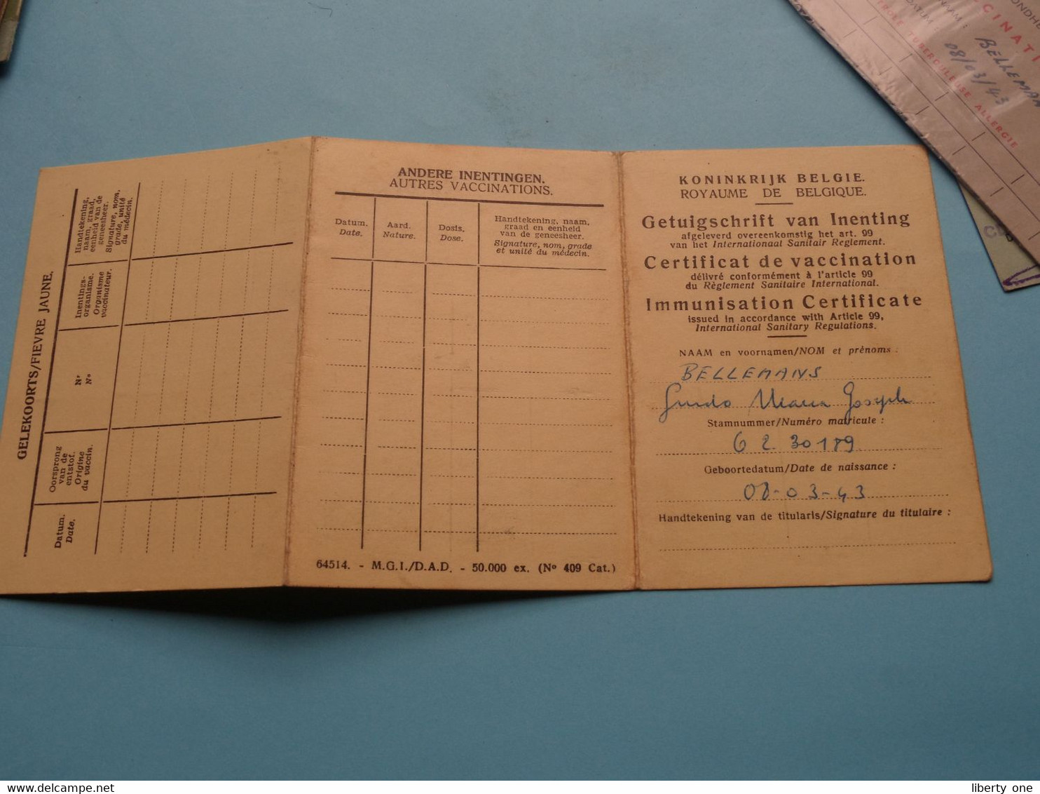 Certificat VACCINATIE - INENTING + Carte CRS ++ ( Bellemans Guido 08-03-1943 ) > ( Zie / Voir Photo ) 1962/63 ! - Documentos