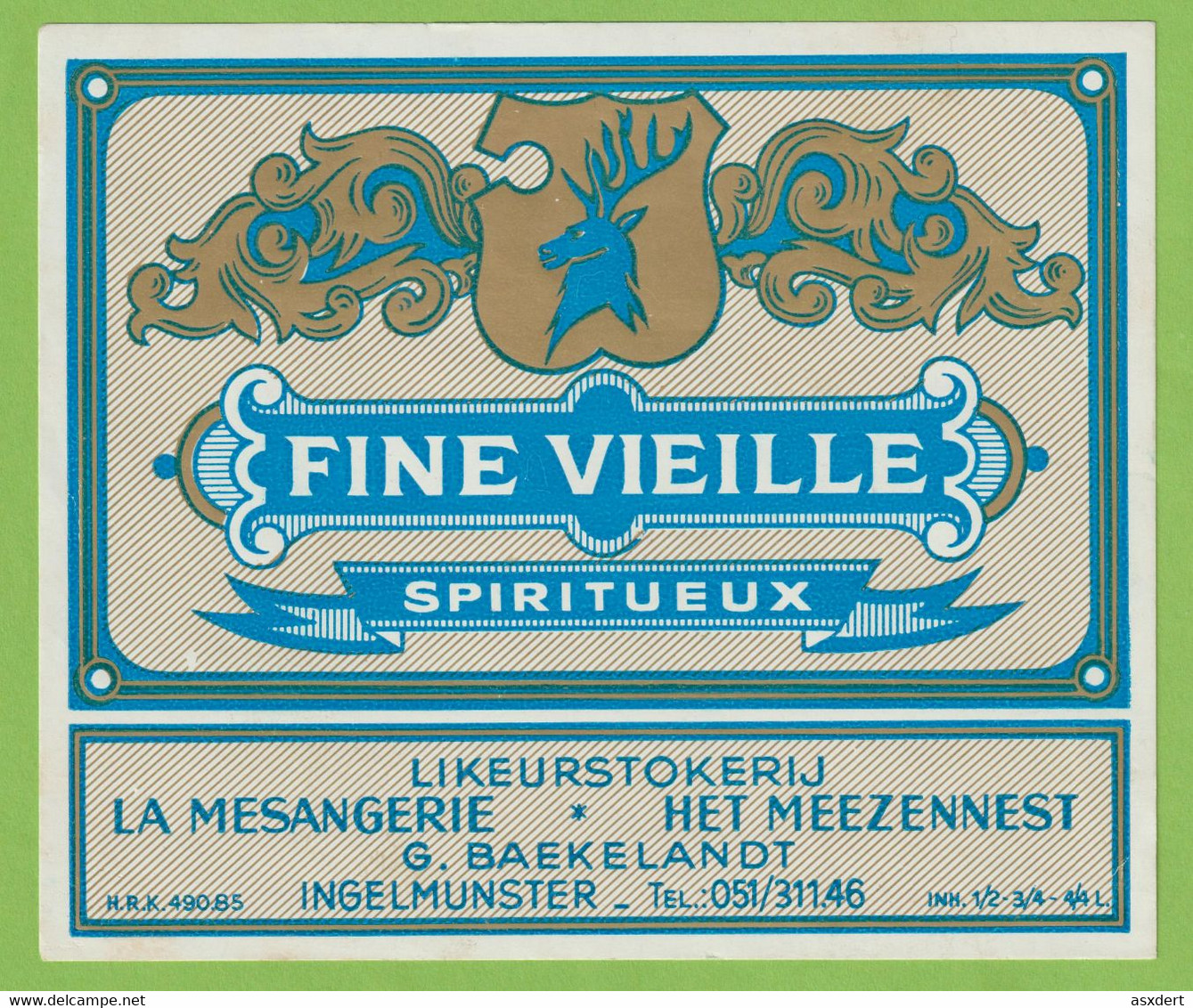 Etiket Etiquette "Fine Vieille" G. Baekelandt Ingelmunster - Alcoholen & Sterke Drank