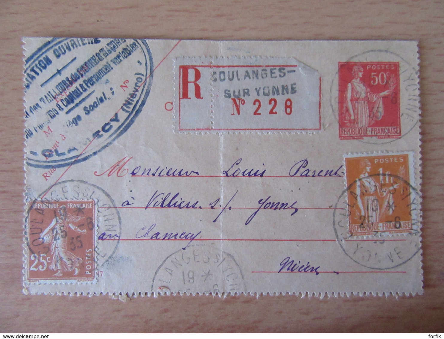 France - Entier Paix 50c N°283-CL1 Voyagé En Recommandé (+1f25) Entre Coulanges Sur Yonne Et Clamecy En 1935 - Kartenbriefe