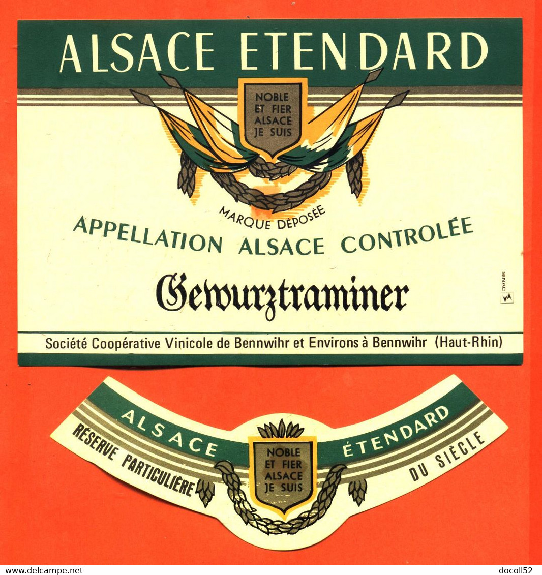 Etiquette + Collerette Ancienne Neuve De Vin D'alsace étendard Gewurztraminer Coopérative Vinicole De Bennwihr Et Envir - Gewürztraminer