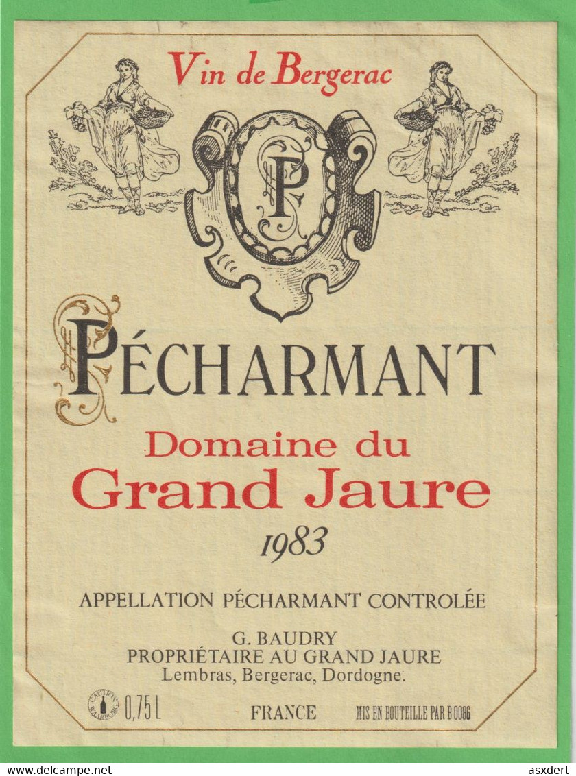 Etiquette Vin De Bergerac "Pécharmant" Domaine Du Grand Jaure - 1983 - Bergerac