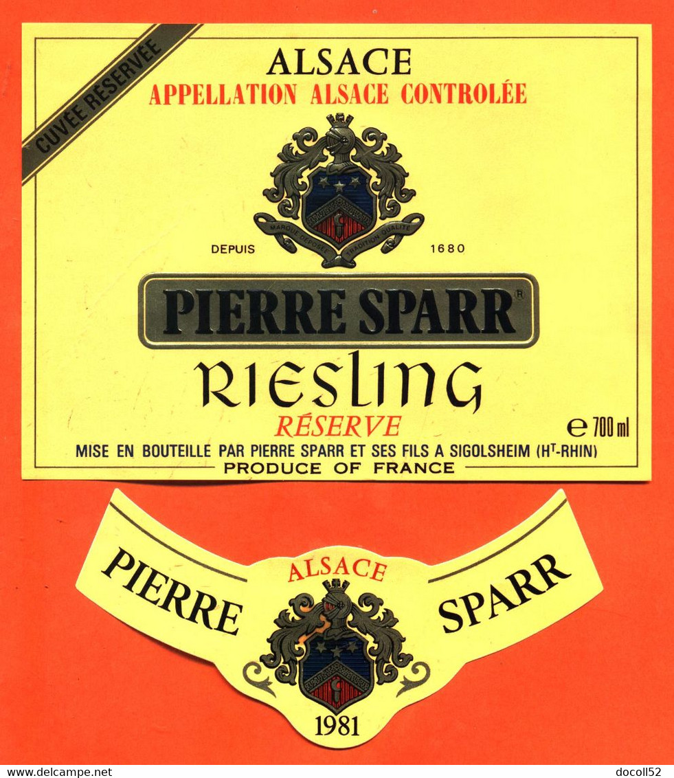 Etiquette + Collerette Ancienne Neuve De Vin D'alsace Riesling 1981 Pierre Sparr à Sigolsheim - 70 Cl - Riesling