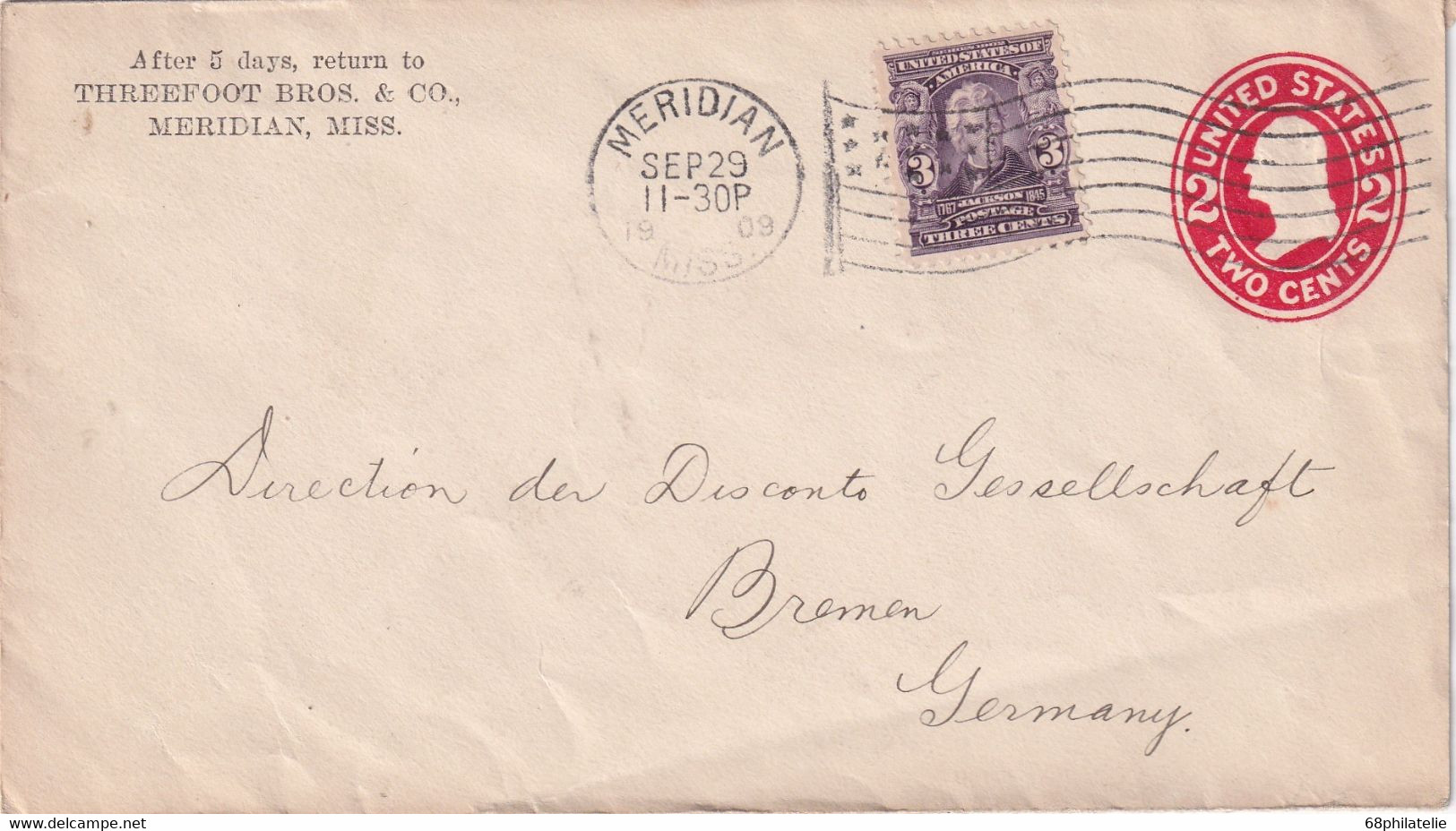 USA 1909   ENTIER POSTAL/GANZSACHE/POSTAL STATIONERY LETTRE DE MERIDIAN - 1901-20