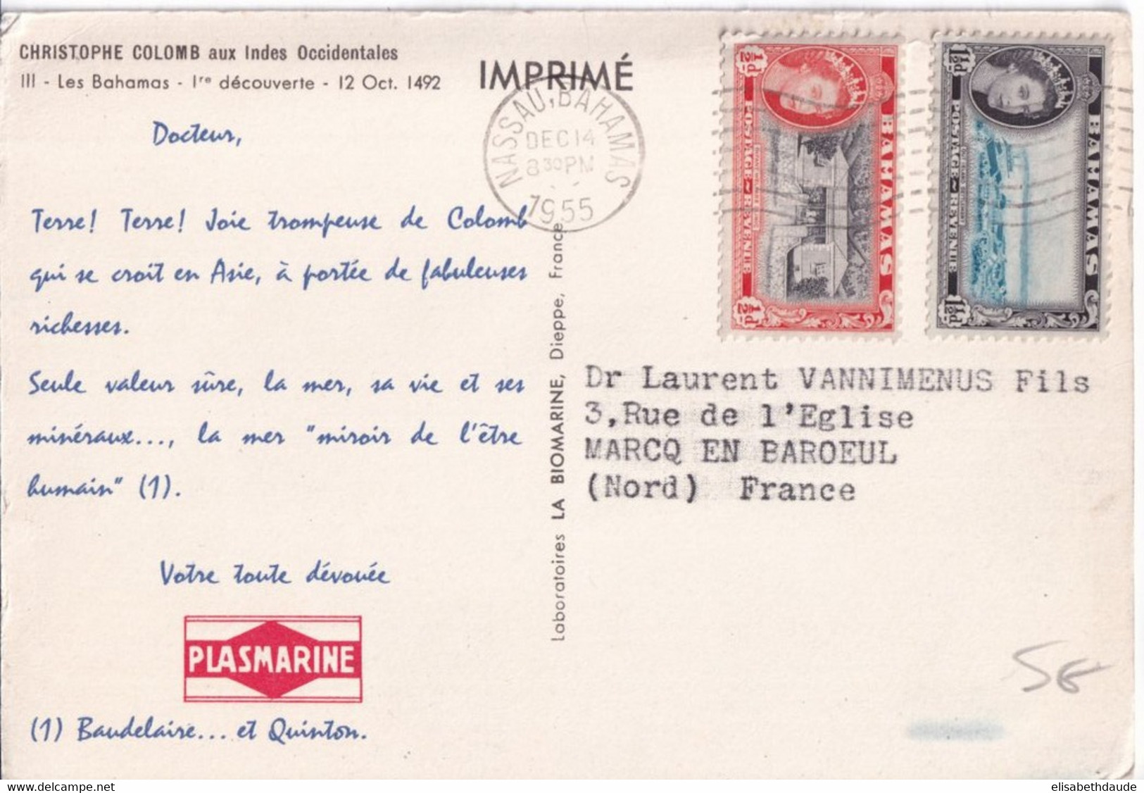 1955 - BAHAMAS - CARTE MEDICALE PUB "PLASMARINE" - CHRISTOPHE COLOMB AUX INDES OCCIDENTALES (INDIEN AU DOS) De NASSAU - 1859-1963 Colonia Britannica