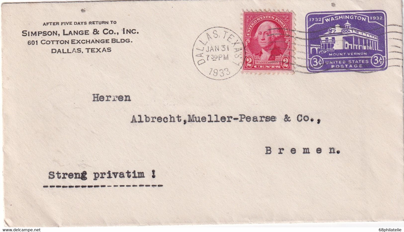 USA 1933  ENTIER POSTAL/GANZSACHE/POSTAL STATIONERY LETTRE DE DALLAS - 1921-40