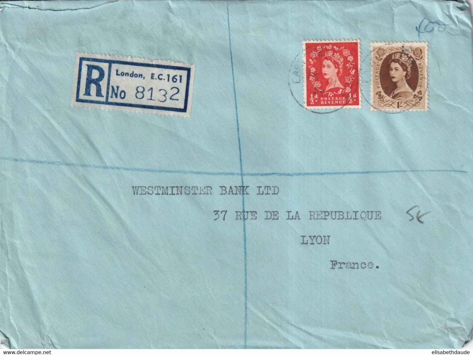 1954 - GB - PERFORE / PERFIN "K" - ENVELOPPE RECOMMANDEE De LONDON => LYON - Perfins