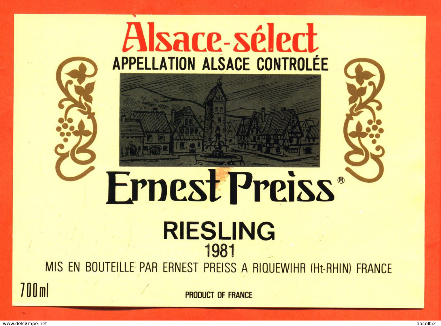 Etiquette Ancienne Neuve De Vin D'alsace Select Riesling 1981 Ernest Preiss à Riquewihr - 70 Cl - Riesling