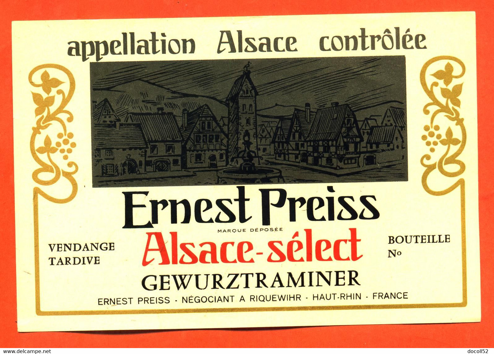 Etiquette Ancienne Neuve De Vin D'alsace Select Gewurztraminer Ernest Preiss à Riquewihr - 70 Cl - Gewürztraminer