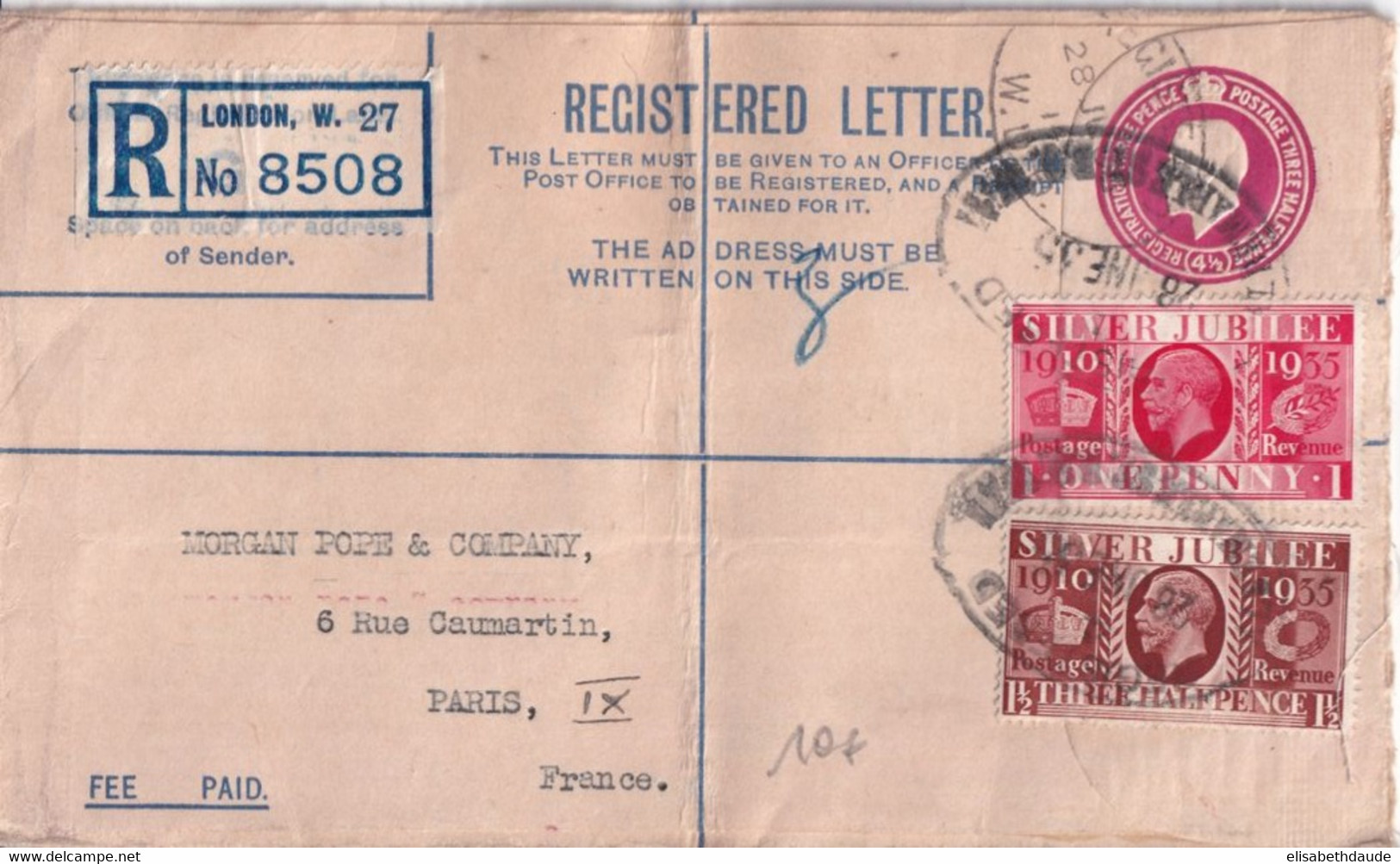 1935 - GB - SILVER JUBILEE Sur ENVELOPPE ENTIER RECOMMANDEE De LONDON => PARIS - Lettres & Documents