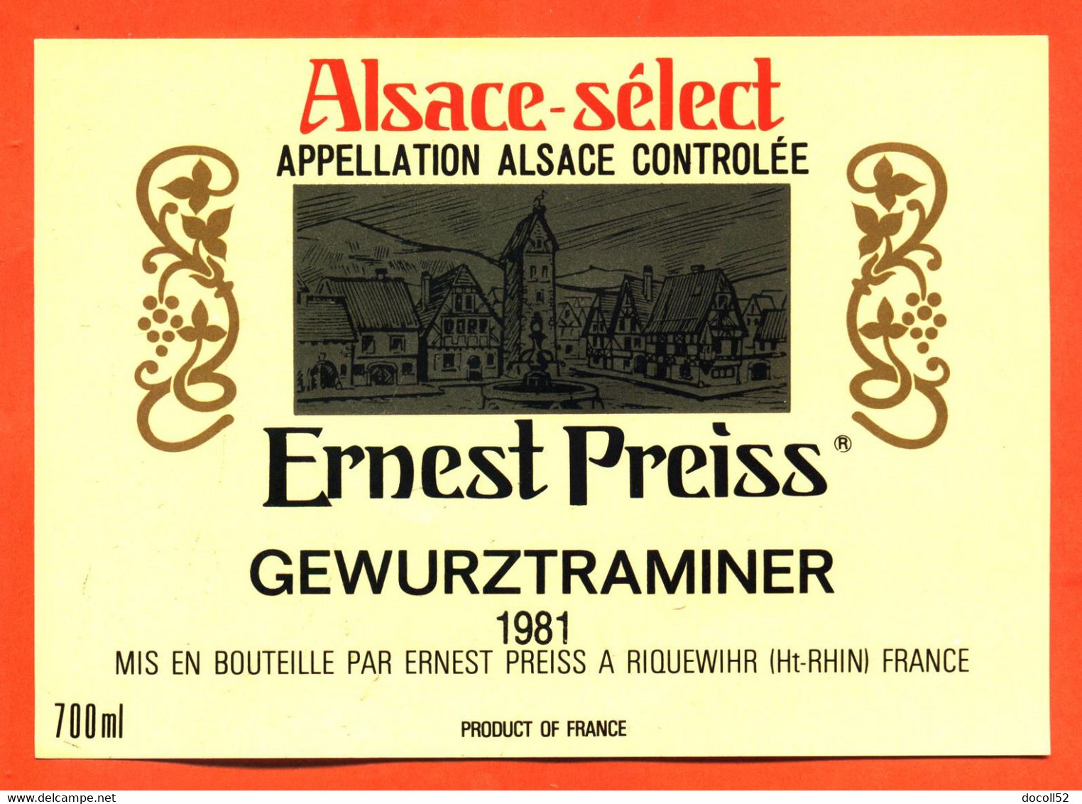 Etiquette Ancienne Neuve De Vin D'alsace Select Gewurztraminer 1981 Ernest Preiss à Riquewihr - 70 Cl - Gewürztraminer