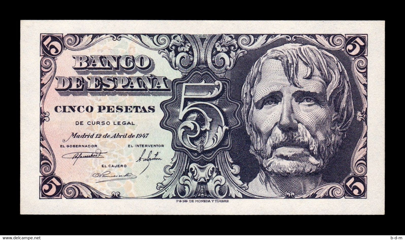 España Spain 5 Pesetas Seneca 1947 Pick 134 Serie D SC UNC - 5 Peseten